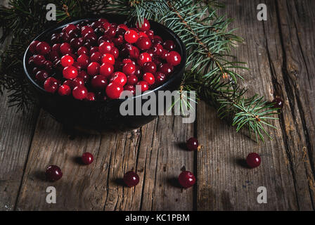 Autumn harvest, seasonal berries. Fresh raw cranberries in a black bowl, with Christmas tree branches, on an old wooden village table, copy space
