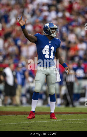 Tampa, Florida, USA. 31st Aug, 2017. New York Giants cornerback Dominique Rodgers-Cromartie (41) during the game against the Tampa Bay Buccaneers on Sunday October 1, 2017 at Raymond James Stadium in Tampa, Florida. Credit: Travis Pendergrass/ZUMA Wire/Alamy Live News Stock Photo