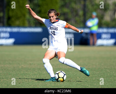 Washington, DC, USA. 1st Oct, 2017. 20171001 - Georgetown midfielder RACHEL CORBOZ (10) fires a shot against Seton Hall in the first half at Shaw Field in Washington. Credit: Chuck Myers/ZUMA Wire/Alamy Live News Stock Photo