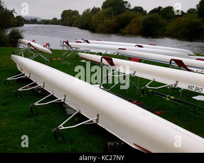 Racing shells on the banks of the River Severn, Tewkesbury, Gloucestershire, UK Stock Photo