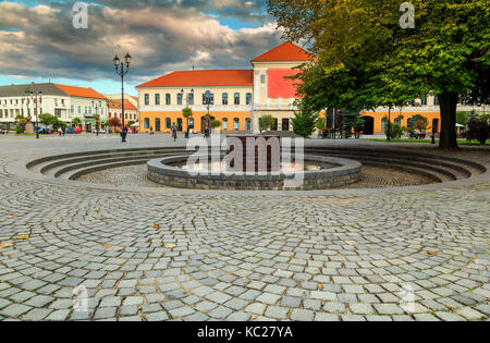 Amazing Transylvanian touristic city and paved city center with famous fountain, Sepsiszentgyorgy (Sfantu Gheorghe), Transylvania, Romania, Europe Stock Photo