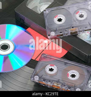Vinyl disc, audio and video cassettes. Background Stock Photo