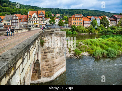 Germany, Lower Saxony, Hann. Münden, old Werra Bridge with view of the old town Stock Photo