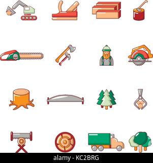 Timber industry icons set, cartoon style Stock Vector