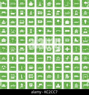 100 urban icons set grunge green Stock Vector