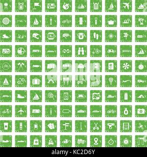 100 voyage icons set grunge green Stock Vector