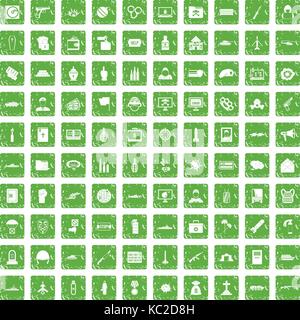 100 war icons set grunge green Stock Vector