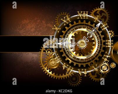 Antique, fantastic watches with gold and brass gears on a brown, rusty background. Steampunk style. Stock Vector