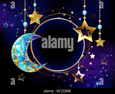 Round banner with a jewel crescent, and gold stars on gold chains on a luminous cosmic background. Golden Star. Jewelry crescent. Stock Vector
