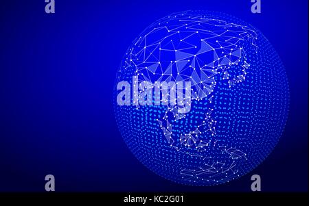 Halftone blue Globe Earth point line illustration. Asia India China Oceania connection dots low poly map. Polygonal triangle planet monochrome vector  Stock Vector
