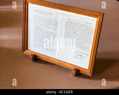 LIVADIYA, CRIMEA - SEPTEMBER 21, 2017: sheet of declaration with the signatures of Stalin, Roosevelt, Churchill in Livadia Palace. The palace was the  Stock Photo