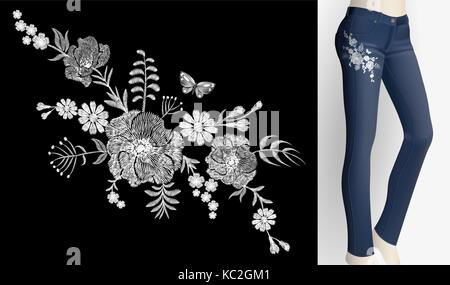 Embroidered white flower patch rose poppy daisy herbs. Women slim jeans pair decoration floral ornament print embroidery. Vintage fashion trendy desig Stock Vector