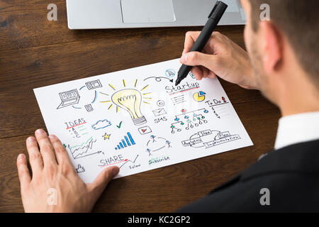 Close-up Of Businessperson With Pen Making Start-up Plan On Paper Stock Photo