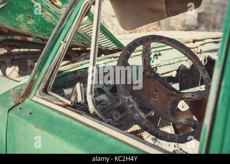 Old abandoned car interior Stock Photo
