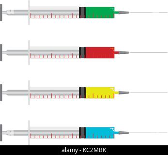 Syringe set of vector flat isolated on white background. Syringe with needle for medical drug injection, collection of vaccine for care and treatment. Stock Vector