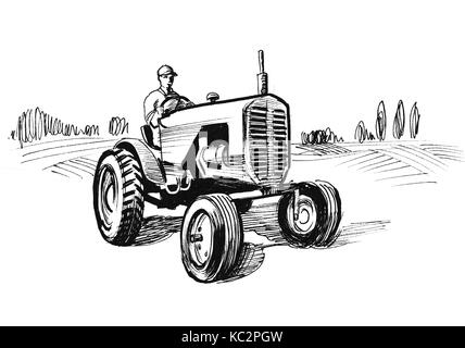 Farmer on tractor. Ink black and white illustration Stock Photo - Alamy