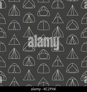 Seamless pattern made of line art touristic tents on grey background Stock Vector