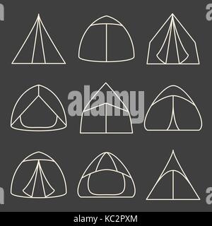 Set of line art touristic tents on grey background Stock Vector