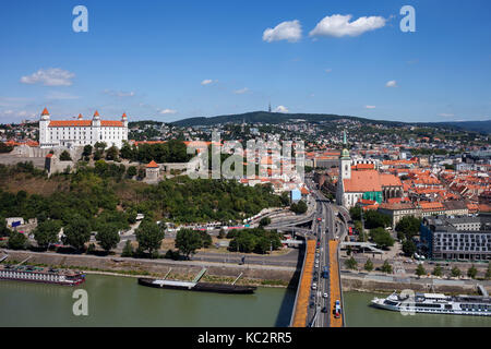 Slovakia, Bratislava, capital city cityscape with Bratislava Castle and the Old Town, drone view. Stock Photo