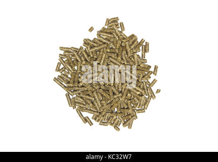 Food pellets for hamster, rabbits, guanea pig, mouse, chinchilla. Food pellets for rodent isolated on white background. Stock Photo