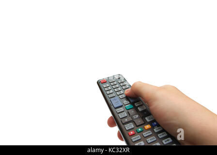Isolated man hand switches TV channels. Isolated on white background Stock Photo