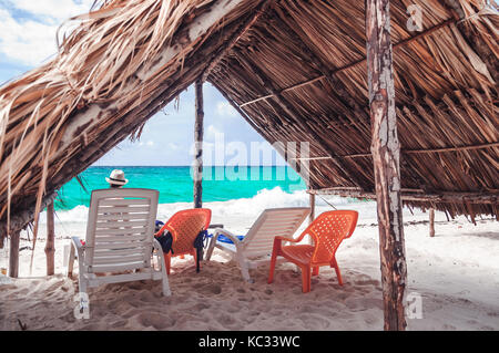 View on hut on paradies beach of Playa Blanca on Island Baru by Cartagena in Colombia Stock Photo