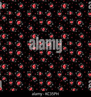 black seamless pattern with cat with heart. vector. Stock Vector