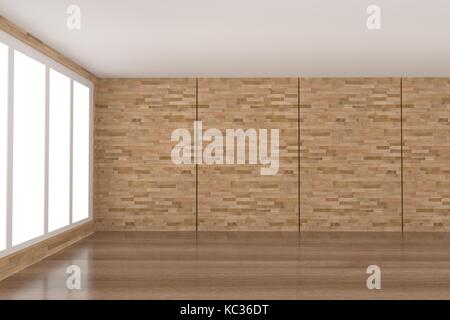 empty wood room with window design in 3D rendering Stock Photo