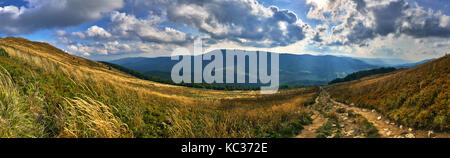 Beautiful panoramic view of the Bieszczady mountains in the early autumn, Bieszczady National Park (Polish: Bieszczadzki Park Narodowy), Poland. Stock Photo