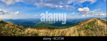 Beautiful panoramic view of the Bieszczady mountains in the early autumn, Bieszczady National Park (Polish: Bieszczadzki Park Narodowy), Poland. Stock Photo