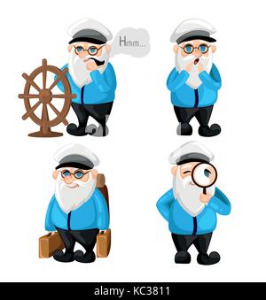 Ship captain in uniform on sea cartoon sailor characters set captain different facial expressions. Happy sad smile surprised, serious and other emotio Stock Vector