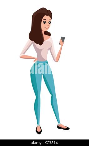 Cute cartoon girl with mobile phones Girl Writing Text Message on notebook. The vector illustration of young cartoon girl writing message on her mobil Stock Vector