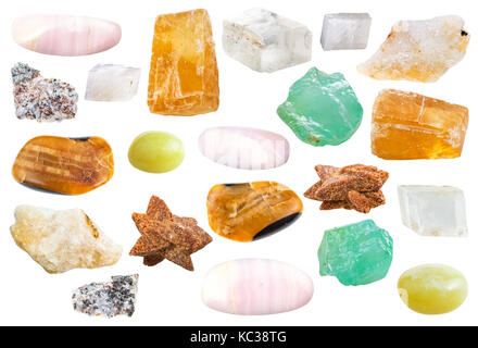 set of various natural mineral decorative calcite stones isolated on white background Stock Photo