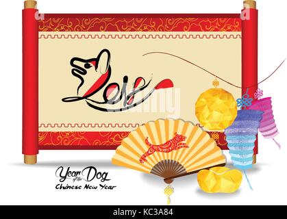 Chinese New Year greeting with chinese festive symbols in oriental style Isolated on white background Stock Vector