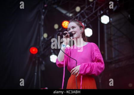 Norway, Oslo – August 10, 2017.  The Norwegian singer and songwriter Sigrid performs a live concert during the Norwegian music festival Øyafestivalen 2017 in Oslo. Stock Photo