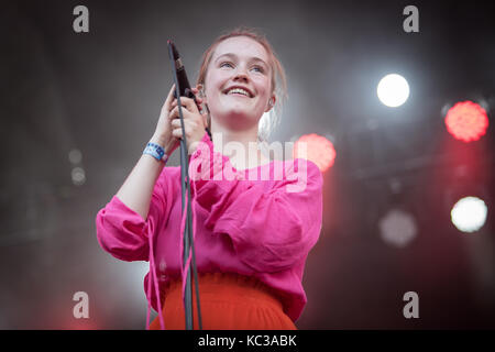 Norway, Oslo – August 10, 2017.  The Norwegian singer and songwriter Sigrid performs a live concert during the Norwegian music festival Øyafestivalen 2017 in Oslo. Stock Photo