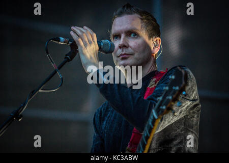 The Icelandic post-rock band Sigur Rós performs a live concert at the Norwegian music festival Bergenfest 2016. Here musician, singer and songwriter Jónsi Birgisson on bowed guitar is seen live on stage. Norway, 16/06 2016. Stock Photo