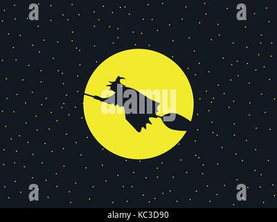 A witch flying on a broomstick against the background of the moon. The sorceress with a broom to Halloween. Vector illustration Stock Vector