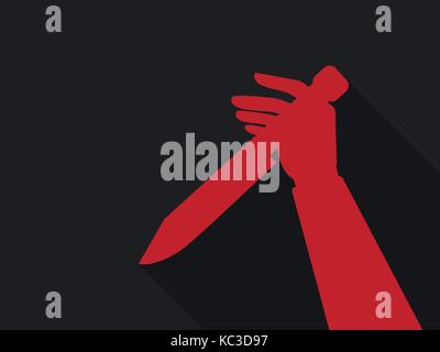 Hand holding a knife. Red outline in retro style, noir. Halloween background. Vector illustration Stock Vector