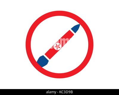 Nuclear bomb in the red circle, against the war. Rocket with the flag of North Korea. . Vector illustration Stock Vector