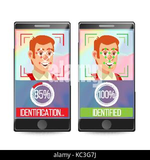 Smartphone Scan Person Face Vector. Electronic Identity Verification. Smartphone Biometric Scan System. Illustration Stock Vector