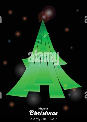 3D Illustration of Abstract Green Christmas Tree Made of Curved Stripes Over Black Glowing Festive Background with Decorative Text Stock Vector