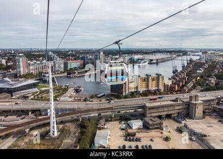 Emirates Air Line, mid-air, cable car ride across the River Thames, from Greenwich Peninsular to Royal Victoria Docks, London, England, UK. Stock Photo