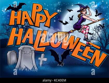 Happy Halloween Cartoon Witch Sign Stock Vector