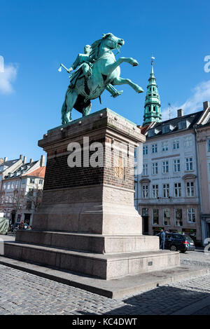 The equestrian statue of Bishop Absalon (1128 – 21 March 1201)  on Hojbro Plads in Copenhagen, Denmark.   The Statue was unveiled in 1902 to mark the  Stock Photo
