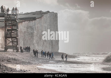 Birling Gap, Eastbourne, East Sussex, UK. 2nd Oct, 2017. Work starts today to move the beach access steps back & provide a safer anchorage. Significant erosion has caused this work to be brought forward a number of years. Work is planned to be completed by end November before worst of the winter storms. Access to the Beach will not be possible during the essential work. Stock Photo
