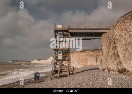 Birling Gap, Eastbourne, East Sussex, UK. 2nd Oct, 2017. Work starts today to move the beach access steps back & provide a safer anchorage. Significant erosion has caused this work to be brought forward a number of years. Work is planned to be completed by end November before worst of the winter storms. Access to the Beach will not be possible during the essential work being carried out by Thorne Civil Engineers . Stock Photo