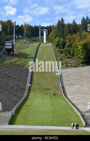 Willingen, Germany. 29th Sep, 2017. View of the Muehlenkopf jump ('Muehlenkopfschanze') in Willingen, Germany, 29 September 2017. Since 1995, the jump has been used for the Ski Jumping World Cup of the International Skiing Association (FIS). The world cup stadium can fit 35,000 fans. Credit: Uwe Zucchi/dpa/Alamy Live News Stock Photo