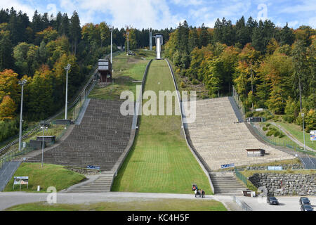 Willingen, Germany. 29th Sep, 2017. View of the Muehlenkopf jump ('Muehlenkopfschanze') in Willingen, Germany, 29 September 2017. Since 1995, the jump has been used for the Ski Jumping World Cup of the International Skiing Association (FIS). The world cup stadium can fit 35,000 fans. Credit: Uwe Zucchi/dpa/Alamy Live News Stock Photo