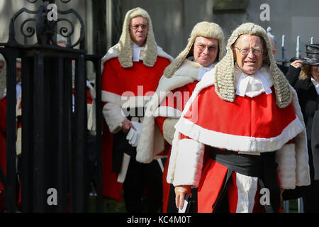 Westminster Abbey. London, UK. 2nd Oct, 2017. David Lidington, Lord Chancellor and Secretary of State for Justice and Sir Ian Burnett, Lord Chief Justice leads a procession of senior judiciary members from Westminster Abbey to St Stephen's entrance in Houses of Parliament to mark the start of the legal year in the United Kingdom. Credit: Dinendra Haria/Alamy Live News Stock Photo